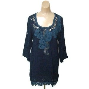 Johnny Was Women Size Small Dress Lace Blue Tunic 3/4 Sleeve Scoop Neck